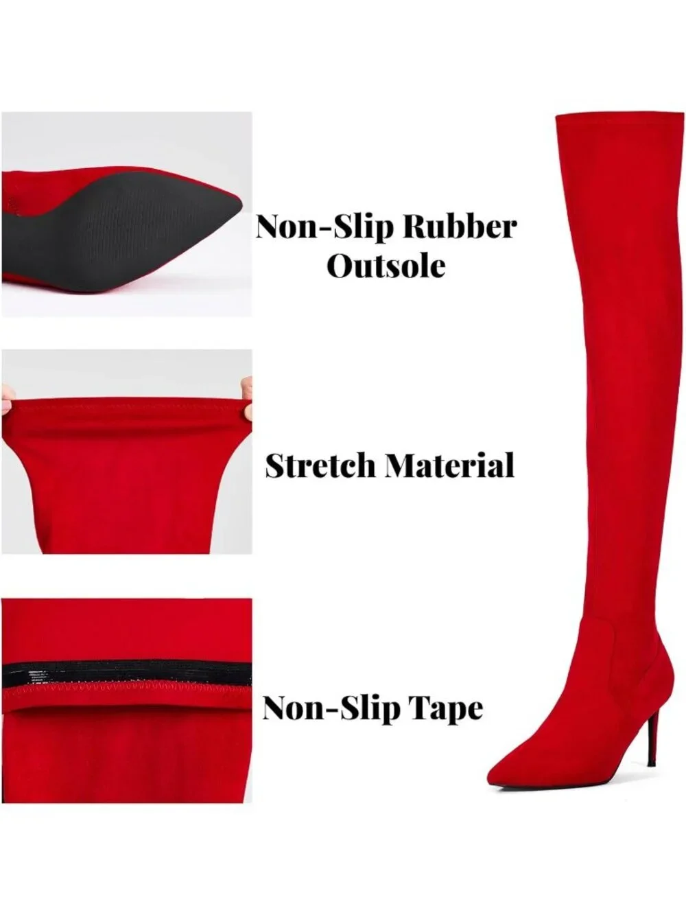 Women's Red Synthetic Rubber Stretch Suede Long Pointed Toe Over the Knee Boot